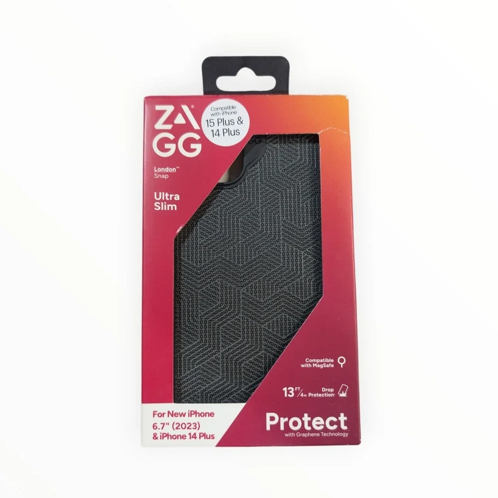 O8-O ZAGG London Snap Series Case for Apple iPhone 15 Plus/14 Plus -‎ Black Geo